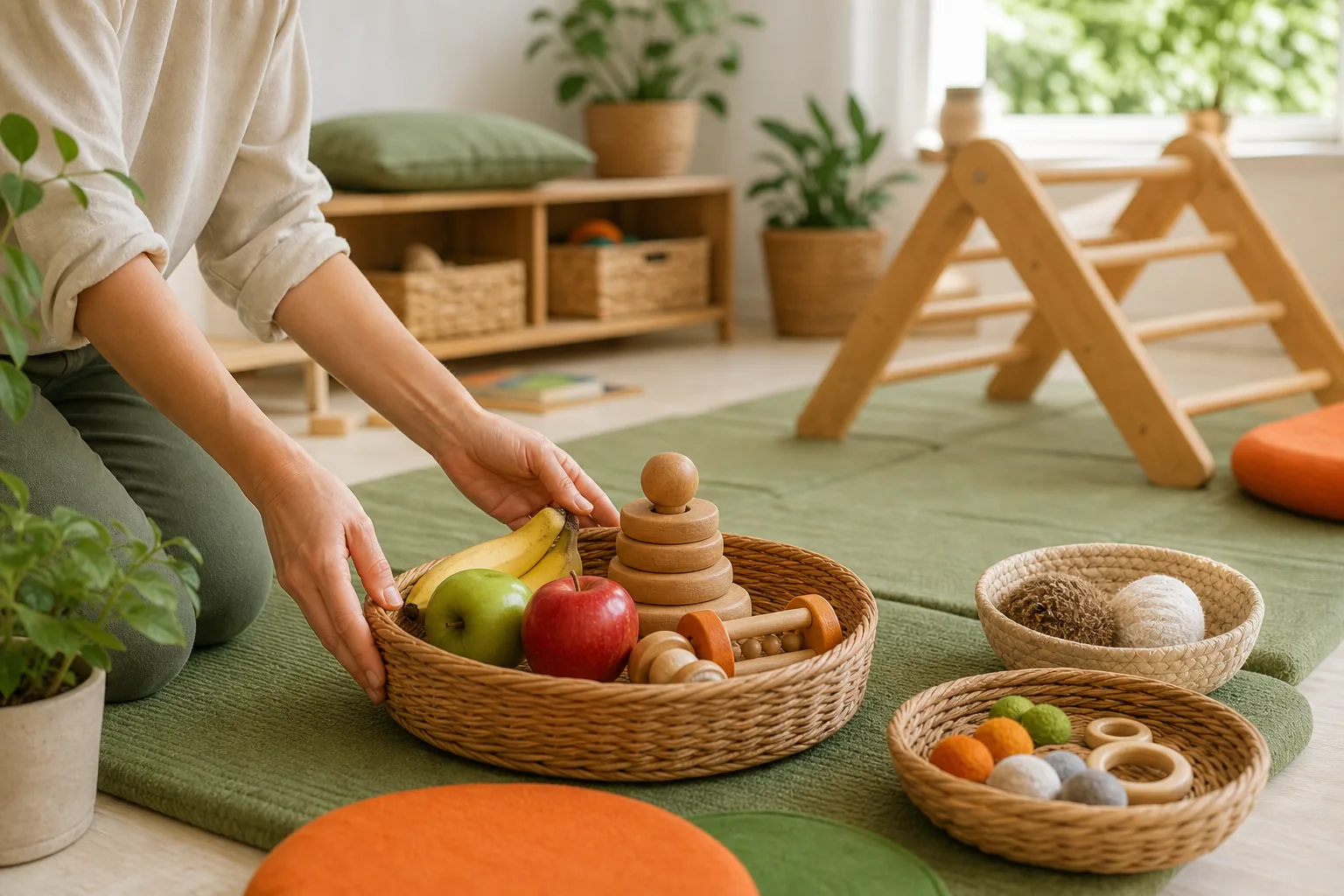 Obst und Holzmaterialien werden für spielerische Entdeckungen vorbereitet