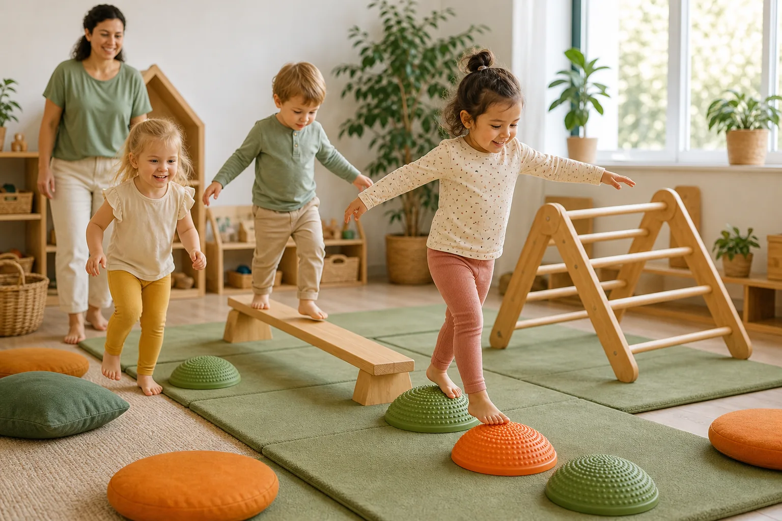 Kinder bewegen sich vollständig sichtbar durch einen kleinen Bewegungsparcours
