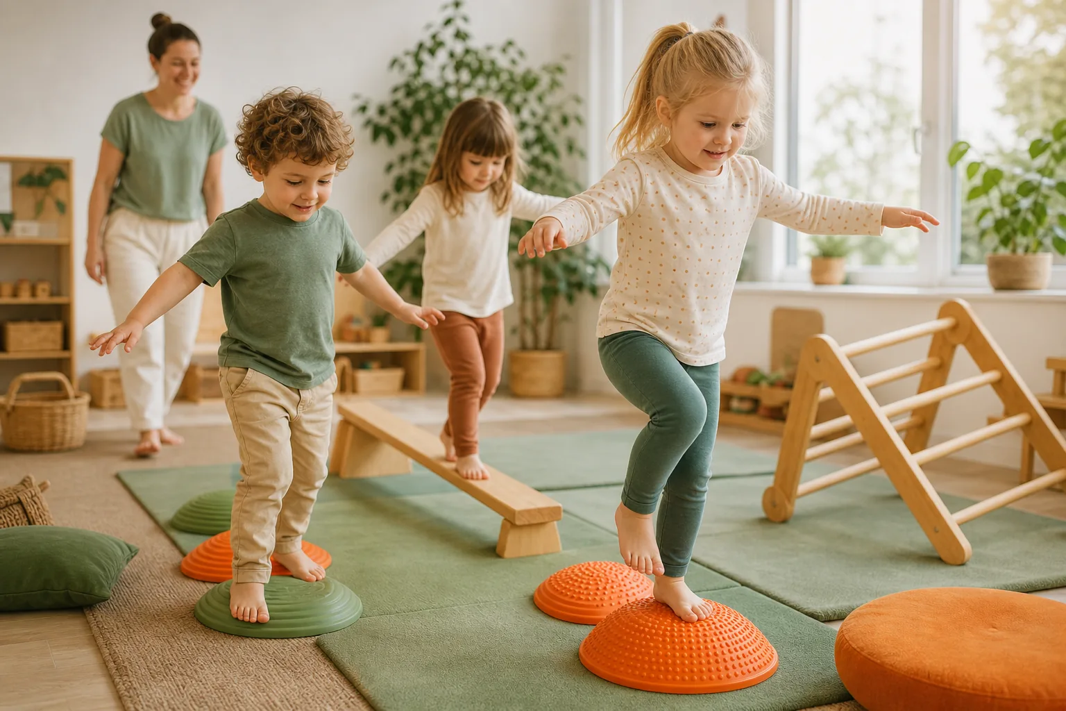Kinder balancieren spielerisch in einem Bewegungsraum
