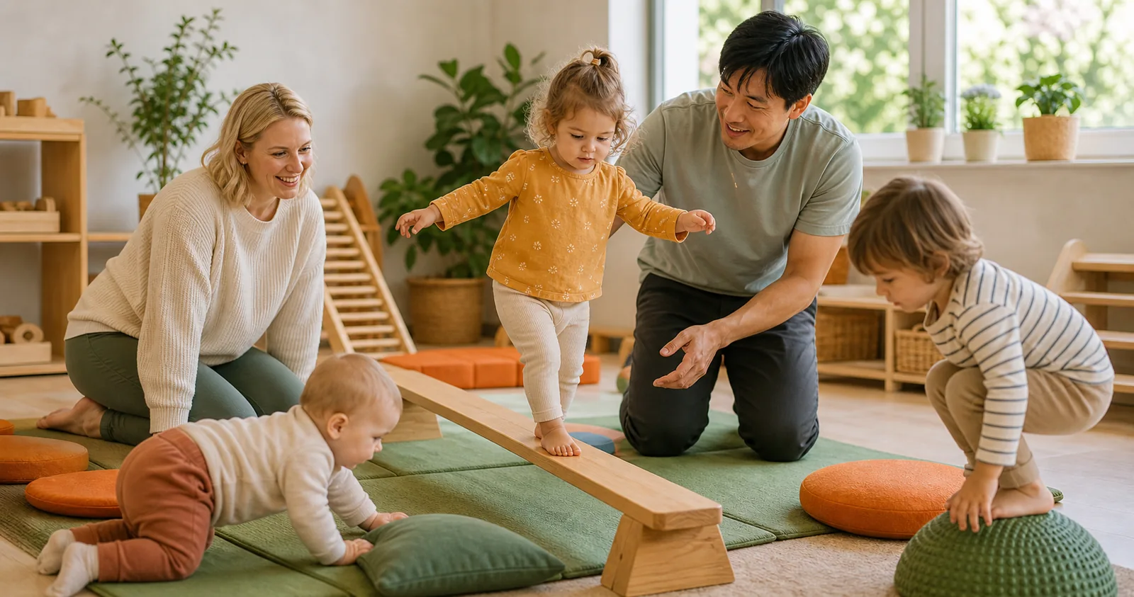 Kinder bewegen sich spielerisch in einem hellen Bewegungsraum