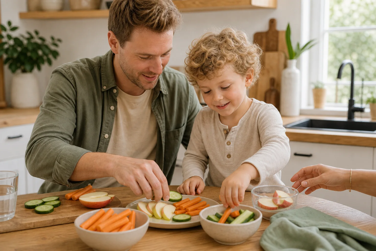 Vater und Kind bereiten gemeinsam Gemüse und Obst vor