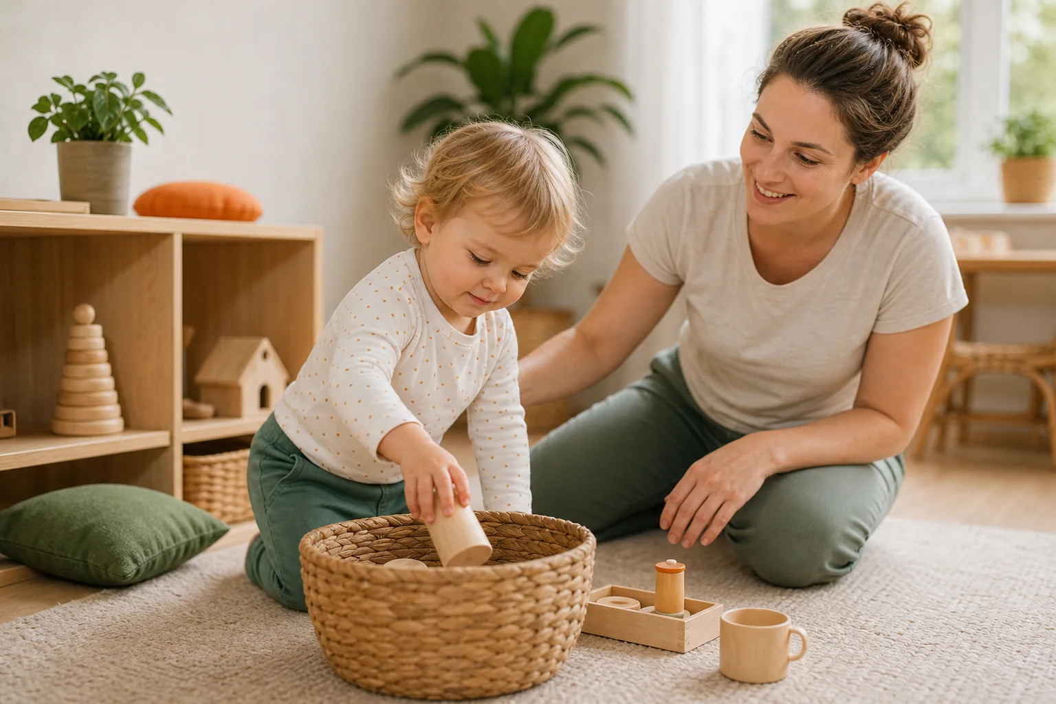 Kleinkind räumt ein Holzspielzeug selbstständig in einen Korb