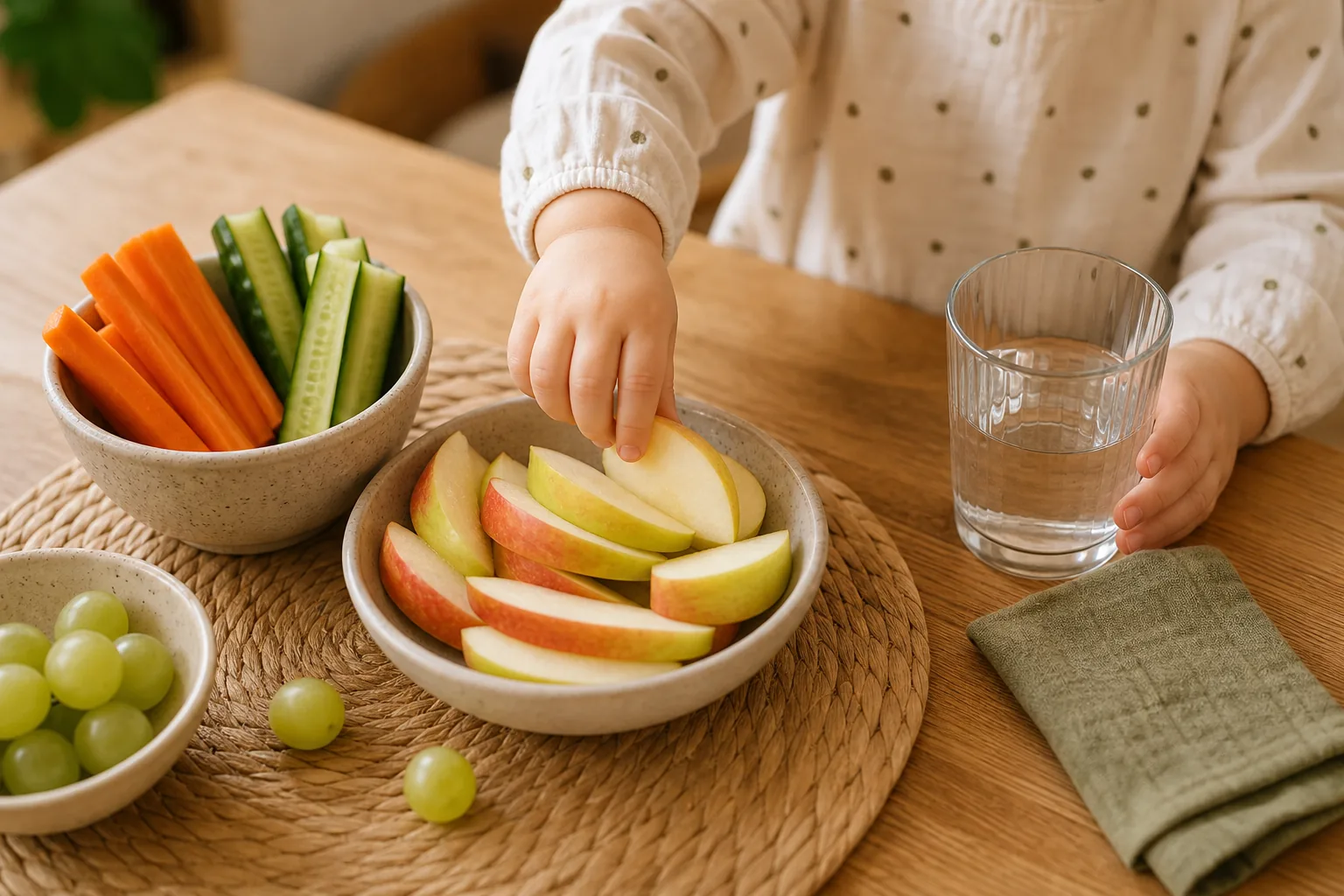 Kind greift nach einem gesunden Snack und einem Wasserbecher